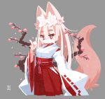 anthro asian_clothing asian_mythology ayashii_sprites branch canid canine cherry_blossom cherry_blossom_tree cherry_tree clothed clothing devil_horns_(gesture) east_asian_clothing east_asian_mythology female flower fluffy fluffy_tail fox fruit_tree fur gesture grey_background inner_ear_fluff japanese_clothing japanese_mythology kitsune_sign_(gesture) large_sleeves looking_at_viewer mammal miko_outfit mythology petals pink_body pink_fur plant red_eyes shrine_maiden signature simple_background solo tail tree tuft