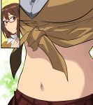  1girl absurdres breasts brown_eyes brown_hair closed_mouth glasses hair_ornament highres josephscrand kyochuu_rettou large_breasts midriff naruse_chitose navel simple_background solo stomach 