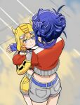  2girls absurdres back belt blonde_hair blue_eyes blue_gloves bumblebee_(kotobukiya_bishoujo)_(transformers) bumblebee_(transformers) commentary_request cowboy_shot cropped_hoodie double_bun eyewear_on_head fingerless_gloves from_above gloves grey_gloves hair_bun highres hood hoodie horned_hood horns hug jacket komagoma kotobukiya_bishoujo looking_at_another multiple_girls optimus_prime optimus_prime_(kotobukiya_bishoujo) personification red_jacket scene_reference short_hair shorts sleeveless sleeveless_hoodie smile transformers transformers:_generation_1 yuri 