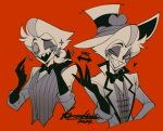  1boy bird black_sclera colored_sclera demon demon_boy duck evil_grin evil_smile grin hazbin_hotel heiwei_she_xiong highres looking_at_viewer lucifer_(hazbin_hotel) sharp_teeth smile spot_color suit teeth white_headwear 