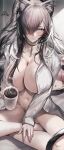  1girl absurdres animal_ears arknights black_choker blush cat_ears cat_tail choker coffee coffee_mug cup grey_hair hair_censor hair_over_breasts hair_over_one_breast hair_over_one_eye highres holding holding_cup hug indian_style long_hair long_sleeves looking_at_viewer mug naked_shirt open_clothes open_shirt parted_lips schwarz_(arknights) shirt sitting solfi0211 solo steam tail yellow_eyes 