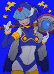  1girl absurdres blue_background blue_eyes bodysuit buzzlyears crop_top fairy_leviathan_(mega_man) fang helmet highres holding holding_polearm holding_weapon looking_at_viewer mega_man_(series) mega_man_zero_(series) open_mouth polearm simple_background smug solo upper_body weapon white_bodysuit 