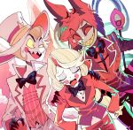  1girl 2boys absurdres alastor_(hazbin_hotel) black_bow black_bowtie blonde_hair bow bowtie charlie_morningstar claws closed_eyes cowboy_shot hat hazbin_hotel highres lucifer_(hazbin_hotel) multiple_boys newo_(shinra-p) open_mouth radio red_eyes sharp_teeth short_hair smile suit teeth top_hat 