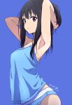  1girl armpits arms_up black_hair blue_background blue_panties blue_shirt brand_name_imitation calvin_klein commentary_request dated expressionless highres inoue_takina looking_at_viewer lycoris_recoil nii_manabu panties purple_eyes revision shirt sleeveless sleeveless_shirt solo underwear 
