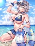  1girl arm_strap bare_shoulders beach bikini bikini_skirt blue_skirt blue_sky blush breasts chest_belt choker cleavage closed_mouth cloud collarbone day eyewear_on_head front-tie_bikini_top front-tie_top green_eyes grey_hair hair_between_eyes halterneck highres hololive innertube kneeling large_breasts lens_flare looking_at_viewer navel ocean orendji outdoors pink_nails pleated_skirt sandals scrunchie shirogane_noel shirogane_noel_(summer_2020) short_hair sidelocks sitting skirt sky smile solo stomach sunglasses swim_ring swimsuit thigh_strap thighs two-tone_bikini underboob virtual_youtuber wavy_hair wrist_scrunchie 