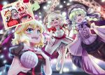  3girls bandage_over_one_eye bare_back blonde_hair bloomers bonnet carbohydrate_(asta4282) ebisu_eika frilled_sleeves frills green_hair little_doll_queen medicine_melancholy microphone multiple_girls naohi_satama purple_ribbon red_ribbon ribbon stage_lights touhou 