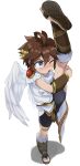  1boy 317_(saina) black_shorts blue_eyes blush brown_hair feathered_wings full_body hair_between_eyes highres kid_icarus kid_icarus_uprising laurel_crown male_focus one_eye_closed open_mouth pit_(kid_icarus) shorts simple_background solo split standing standing_on_one_leg standing_split sweat white_background white_wings wings 