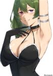 1girl absurdres arm_up armlet armpits between_breasts black_dress black_gloves breasts collarbone dress elbow_gloves gloves green_hair hair_between_eyes halterneck highres long_hair looking_at_viewer micchan_(micchanmeido) parted_lips presenting_armpit purple_eyes side_ponytail simple_background single_elbow_glove single_glove smile solo sousou_no_frieren twitter_username ubel_(sousou_no_frieren) upper_body white_background 