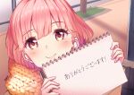  1girl absurdres blush closed_mouth derivative_work english_commentary highres holding holding_notebook holding_pen itose_yuki maiini notebook orange_scarf pen pink_eyes pink_hair scarf screencap_redraw smile solo translation_request yubisaki_to_renren 
