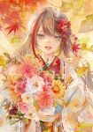  1girl :d berry blue_eyes brown_hair copyright_name dot_nose falling_leaves flower hair_flower hair_ornament japanese_clothes kimono kurusu_natsume kurusu_natsume_(2nd_costume) lace leaf multicolored_hair nijisanji niwa_haruki official_art open_mouth orange_flower red_flower red_hair red_kimono sample_watermark smile solo streaked_hair teeth tongue upper_teeth_only watermark white_flower wide_sleeves yellow_flower 