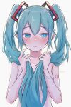  1girl blue_eyes blue_hair blush breasts embarrassed flying_sweatdrops hair_ornament hatsune_miku highres holding holding_hair long_hair looking_to_the_side nail_polish nose_blush nude small_breasts solo twintails very_long_hair vocaloid yasuno-labo 