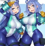  2girls blue_bodysuit blue_eyes blue_hair bodysuit boku_no_hero_academia breasts clenched_hands covered_navel gloves green_bodysuit hadou_nejire impossible_clothes large_breasts multicolored_bodysuit multicolored_clothes multiple_girls saltydanshark salute skin_tight superhero time_paradox yellow_gloves 