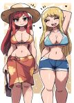  2girls absurdres bikini bikini_top_only blonde_hair breasts brown_hair cleavage closed_eyes erza_scarlet fairy_tail heart highres large_breasts long_hair looking_at_viewer lucy_heartfilia multiple_girls narrow_waist navel red_hair sarong short_shorts shorts swimsuit tony_welt wide_hips 