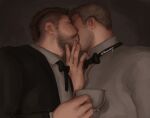  2boys alternate_costume bara beard_stubble bow bowtie bursting_pectorals call_of_duty call_of_duty:_modern_warfare_2 couple cup delusionships facial_hair from_below from_side ghost_(modern_warfare_2) highres holding holding_cup kiss kissing_cheek male_focus mature_male multiple_boys pectorals profile short_hair soap_(modern_warfare_2) stubble suit teacup thick_eyebrows upper_body yaoi 