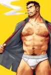  1boy abs bara bare_pectorals beard_stubble bulge cowboy_shot facial_hair hairy highres large_pectorals looking_to_the_side male_focus mature_male muscular muscular_male navel navel_hair nipples no_pants opened_by_self original pectorals short_hair smoking solo sparse_chest_hair sparse_leg_hair standing stomach stubble suamaru thick_eyebrows thick_navel_hair thick_thighs thighs 