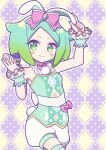  1girl animal_ears argyle argyle_background arm_up bare_shoulders blue_hair bow breasts closed_mouth cowboy_shot easter easter_egg egg fake_animal_ears gradient_hair green_eyes green_hair green_shirt hair_bow hand_up highres holding holding_egg idol_time_pripara kokichi_yoko looking_at_viewer multicolored_hair nijiiro_nino pink_bow pretty_series pripara rabbit_ears rabbit_tail shirt short_hair shorts sleeveless sleeveless_shirt small_breasts smile solo standing tail white_shorts wrist_cuffs 