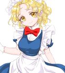  1girl apron blonde_hair blue_dress bow bowtie closed_mouth collar commentary_request dress gloves head_tilt maid_headdress medium_hair mugetsu_(touhou) parted_bangs puffy_short_sleeves puffy_sleeves red_bow s-a-murai short_sleeves smile solo touhou touhou_(pc-98) upper_body wavy_hair white_apron white_background white_collar white_gloves yellow_eyes 