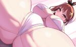  ass atelier_(series) atelier_ryza atelier_ryza_1 beret bikini blush braid breasts brown_eyes brown_hair crotch crotch_focus curtains curvy hair_ribbon hat highres honeymark large_breasts looking_at_viewer navel open_mouth partially_visible_vulva plump reisalin_stout ribbon sitting swimsuit thick_thighs thighs triangle_mouth underboob white_bikini white_headwear 