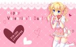  1girl :q blonde_hair blue_eyes blush bow box center_frills closed_mouth company_name copyright_name eyes_visible_through_hair frilled_skirt frilled_sleeves frilled_wrist_cuffs frills gift hair_between_eyes hair_ornament hands_up happy_valentine heart heart-shaped_box heart_hair_ornament highres holding holding_gift kin-iro_loveriche kisaki_reina kneeling knees_out_of_frame long_hair looking_at_viewer mary_janes official_art official_wallpaper orange_bow pink_background pink_footwear pink_skirt pink_wrist_cuffs plaid plaid_skirt pom_pom_(clothes) pom_pom_hair_ornament puffy_short_sleeves puffy_sleeves red_bow shirt shoes short_sleeves simple_background skirt smile solo thighhighs tongue tongue_out toranosuke twintails two-tone_skirt valentine wavy_hair white_shirt white_skirt white_thighhighs wrist_cuffs zettai_ryouiki 