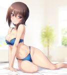  1girl arm_support bed black_eyes blue_bra blue_panties bra breasts brown_eyes cleavage feet_out_of_frame girls_und_panzer highres indoors kuzuryuu_kennosuke looking_at_viewer medium_breasts nishizumi_maho on_bed panties short_hair sitting solo tsurime underwear underwear_only yokozuwari 