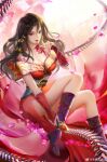  1girl absurdres bare_shoulders brown_hair chi_lian_(qinshi_mingyue) closed_mouth dress falling_petals flower full_body highres holding holding_whip long_hair medium_hair off-shoulder_dress off_shoulder petals purple_footwear qinshi_mingyue red_dress red_eyes second-party_source sitting smile solo spider_lily wang_er_liangliang 