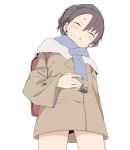  1girl :o absurdres backpack bad_id bad_twitter_id bag blue_headwear blue_nails blue_scarf blush_stickers closed_eyes coat earrings freckles grey_coat hand_on_own_stomach hat highres jewelry legs original paid_reward_available randoseru scarf side_ponytail simple_background solo white_background zettai_yarumoni 