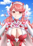  1girl absurdres alternate_hairstyle breasts chest_jewel cleavage cleavage_cutout clothing_cutout eilier_project gloves headpiece heart heart_hands highres large_breasts long_hair looking_at_viewer pink_hair prototype_design pyra_(xenoblade) pyra_(xenoblade)_(prototype) red_eyes red_hair smile solo swept_bangs tiara twintails very_long_hair white_gloves xenoblade_chronicles_(series) xenoblade_chronicles_2 