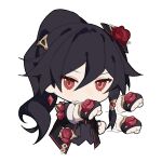  1girl ascot black_ascot black_gloves black_shirt black_sleeves chibi cleavage_cutout clothing_cutout covered_mouth fingerless_gloves flower fu_hua fu_hua_(blood_voivode) fu_hua_(shadow_knight) gloves hair_between_eyes hair_flower hair_ornament haruka_(rsyaooooo) high_ponytail honkai_(series) honkai_impact_3rd long_hair long_sleeves official_alternate_costume ponytail punching red_eyes red_flower rose shirt solo transparent_background upper_body vampire 