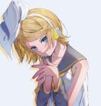  1girl absurdres blonde_hair blue_eyes collarbone commentary detached_sleeves hair_ornament hair_ribbon hairclip head_tilt headset highres inu8neko kagamine_rin looking_at_viewer own_hands_together ribbon short_hair simple_background smile vocaloid white_background white_ribbon yellow_nails 