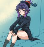  1girl alternate_costume black_dress blue_archive blush boots breasts dinoyhs dress frown gradient_hair halo hands_on_own_knees haruka_(blue_archive) highres long_sleeves looking_at_viewer medium_breasts multicolored_hair on_floor purple_eyes purple_hair purple_halo short_hair_with_long_locks sidelocks solo 