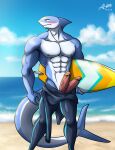2_penises abs absurd_res alkan anthro beach big_penis blue_body blue_eyes bottomwear clothed clothing erection fish genitals hi_res male marine multi_genitalia multi_penis multicolored_body muscular muscular_anthro muscular_male navel nipples open_swimwear penis pink_penis seaside shark solo surfboard surfer surfing swimwear swimwear_only teron_(alkan) topless topless_anthro topless_male two_tone_body white_body