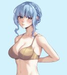  1girl armpit_crease arms_behind_back black_eyes blue_background blue_hair blush braid breasts cleavage collarbone commentary crown_braid eyelashes fire_emblem fire_emblem:_three_houses highres irene_koh large_breasts long_hair marianne_von_edmund navel parted_lips simple_background solo symbol-only_commentary upper_body 