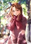  1girl absurdres animal_ears artist_name blurry blurry_background bokeh brown_hair coat depth_of_field ear_covers highres horse_ears horse_girl horse_tail jacket king_halo_(umamusume) long_hair long_sleeves looking_at_viewer mayupika open_mouth outdoors puffy_long_sleeves puffy_sleeves red_eyes red_scarf scarf smile solo sweater tail umamusume wavy_hair winter_clothes 