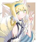  1girl animal_ear_fluff animal_ears arknights bare_shoulders blonde_hair blue_hairband blush braid brown_background closed_mouth eyebrows_hidden_by_hair flying_sweatdrops fox_ears fox_girl fox_tail green_eyes hair_rings hairband hand_up highres kitsune looking_at_viewer multicolored_hair polka_dot polka_dot_background shirt smile solo spam_(spamham4506) suzuran_(arknights) sweat tail twin_braids two-tone_background two-tone_hair v white_background white_hair white_shirt 
