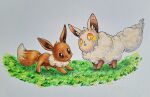  absurdres brown_eyes brown_fur cremis eevee english_commentary fluffy grass highres metallicashes open_mouth pal_(creature) palworld pokemon pokemon_(creature) simple_background traditional_media white_fur yellow_eyes 
