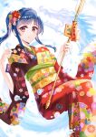  1girl agetake arrow_(projectile) blue_hair blush dragon eastern_dragon hair_ornament hamaya highres holding japanese_clothes kanzashi kimono long_hair long_sleeves looking_to_the_side obi original red_eyes sash sitting smile solo wide_sleeves 