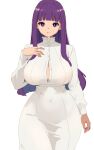  1girl :t absurdres binware breasts bright_pupils commentary covered_navel cowboy_shot dress fern_(sousou_no_frieren) hand_up highres large_breasts long_hair looking_at_viewer purple_eyes purple_hair simple_background solo sousou_no_frieren standing very_long_hair white_background white_dress 
