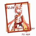  1girl animal_hands bare_shoulders black_shorts black_sports_bra cacoka_cck character_name chinese_clothes claws dated detached_sleeves elbow_gloves eyeliner fu_hua fu_hua_(fenghuang_of_vicissitude) gloves hair_between_eyes happy_birthday highres honkai_(series) honkai_impact_3rd light_smile long_hair looking_at_viewer low-tied_long_hair low_twintails makeup multicolored_hair red_eyeliner red_eyes red_gloves red_hair red_rope red_scales rope short_shorts shorts simple_background solo sports_bra sportswear streaked_hair symbol-shaped_pupils tail thighs twintails two-tone_hair white_background white_hair yellow_pupils 