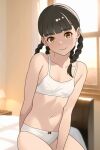  1girl bed bedroom black_hair blunt_bangs bra braid breasts brown_eyes collarbone cowboy_shot hair_rings lamp lampshade long_hair original panties sitting small_breasts smile solo training_bra twin_braids twintails underwear white_panties window yizumi 