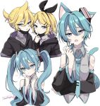  1boy 3girls :o animal_ears bangs_pinned_back bare_shoulders black_hoodie black_sleeves blonde_hair blue_eyes blue_hair blue_nails blue_necktie cat_ears cat_girl cat_tail collared_shirt cropped_torso crossed_arms detached_sleeves dot_nose drawstring dual_persona earrings frilled_shirt frills grey_shirt hair_between_eyes hair_ornament hand_up hatsune_miku head_tilt heart highres hood hood_down hoodie index_finger_raised jewelry kagamine_len kagamine_rin kemonomimi_mode long_sleeves looking_at_viewer mask medium_hair mouth_mask multiple_girls naguno-0713 nail_polish necktie number_tattoo open_mouth shirt short_hair sidelocks signature simple_background sleeveless sleeveless_shirt straight-on stud_earrings swept_bangs tail tattoo tie_clip twintails vocaloid white_background wolf_cut 