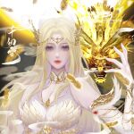  1girl artist_request bare_shoulders blonde_hair blue_eyes circlet closed_mouth clothing_cutout detached_sleeves douluo_dalu dragon dress falling_feathers feathers hair_ornament hand_up highres long_hair qian_renxue_(douluo_dalu) second-party_source smoke sun upper_body white_dress 