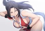  1girl absurdres bare_shoulders black_hair breasts cleavage folding_fan hair_between_eyes hand_fan high_ponytail highres holding holding_fan japanese_clothes kimono large_breasts nishizuki_shino pelvic_curtain red_kimono revealing_clothes shiranui_mai smile solo the_king_of_fighters thighs yellow_eyes 