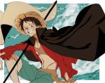  1boy bird blue_shorts cloud commentary_request flag hat highres looking_at_viewer male_focus monkey_d._luffy one_piece open_clothes open_shirt red_shirt rokurnshu003 sash scar scar_on_chest scar_on_face shirt shorts sitting sky smile solo straw_hat yellow_sash 