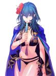  1girl bikini black_bikini blue_cape blue_hair breasts byleth_(female)_(fire_emblem) byleth_(female)_(summer)_(fire_emblem) byleth_(fire_emblem) cape cleavage commentary_request cowboy_shot dagger fire_emblem fire_emblem:_three_houses fire_emblem_heroes flower food hair_flower hair_ornament holding holding_food knife large_breasts long_hair official_alternate_costume popsicle purple_eyes red_flower revision sheath sheathed solo standing stomach swimsuit thighs tsukimura_noe weapon 