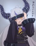  1girl ahoge ascot black_horns blush braid braided_bangs collar demon_girl demon_horns grey_hair hair_between_eyes highres hololive horns la+_darknesss la+_darknesss_(1st_costume) long_hair long_sleeves looking_at_viewer metal_collar multicolored_hair open_mouth purple_hair purple_horns raedrobart sleeves_past_fingers sleeves_past_wrists streaked_hair striped_horns unlikely_accident very_long_hair virtual_youtuber yellow_ascot yellow_eyes 