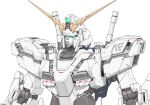  anaheim_electronics aron_e commentary_request gundam gundam_unicorn highres mecha mobile_suit no_humans nt-d robot science_fiction shirt simple_background solo unicorn_gundam upper_body v-fin white_background 