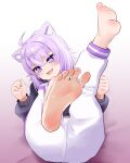  1girl :3 absurdres ahoge akabashi_yuusuke animal_ear_fluff animal_ears ass barefoot black_hoodie blush cat_ears cat_girl commentary commission feet feet_up foot_focus full_body hair_between_eyes highres hololive hood hoodie long_sleeves looking_at_viewer lying mixed-language_commentary nekomata_okayu nekomata_okayu_(1st_costume) on_back open_mouth paid_reward_available purple_eyes purple_hair short_hair simple_background skeb_commission smile soles solo toes virtual_youtuber 
