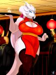 anthro beverage biped bludraconoid breasts clothed clothing dragon female hi_res legwear scales solo_focus thick_thighs thigh_highs waiter white_body white_scales