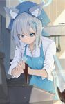  1girl absurdres animal_ear_fluff animal_ears apron blue_apron blue_archive blue_eyes blush breasts commentary_request cooking cross_hair_ornament extra_ears grey_hair hair_ornament halo highres long_hair medium_hair mismatched_pupils ningen_gokko shiroko_(blue_archive) solo wolf_ears 