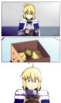  1girl ahoge artoria_pendragon_(fate) blonde_hair blue_bow bow cape fate/grand_order fate_(series) gift green_eyes highres lazyartlazy12 lion open_mouth smile 